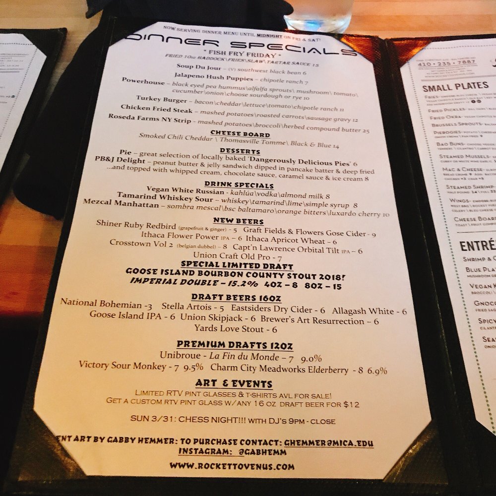 Rocket to Venus - Menu page 1. - New American Near Me - Baltimore, Maryland Rocket to Venus - Menu page 1. - New American Near Me - Baltimore, Maryland