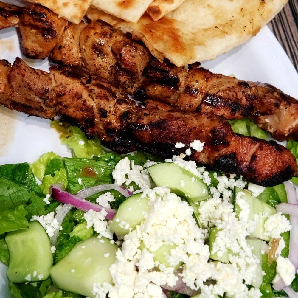 Gyromania Grill - Delicious Pork Skewer Platter with Salad - Greek Near Me - Royal Palm Beach, Florida Gyromania Grill - Delicious Pork Skewer Platter with Salad - Greek Near Me - Royal Palm Beach, Florida