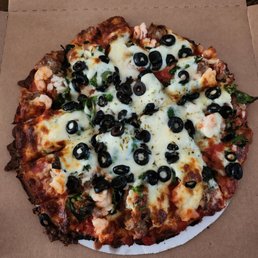 GF sausage, shrimp, onions, black olives and spinach.