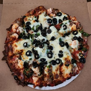 Barraco's - GF sausage, shrimp, onions, black olives and spinach. - Pizza Near Me - Evergreen Park, Illinois
