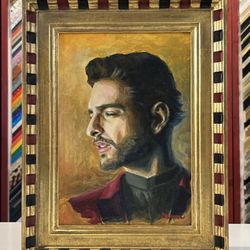 An original acrylic painting on canvas board 'LUIS' from Madrid Spain, Magdalena Luna. Framed with a joined corner frame from AMCI