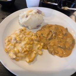 Beef stroganoff creamy corn and mashed potatoes