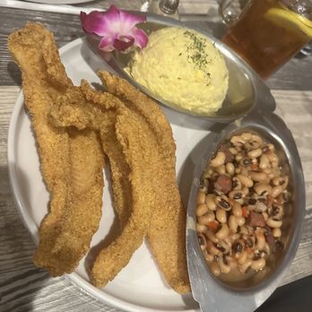 Sweet T's Southern Eatery - Fried catfish, Potato Salad and Black Eyed Peas w/ Chicken Sausage - Soul Food Near Me - Montclair, New Jersey