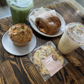 Wrigley Coffee - Banana walnut muffin with Spanish Latte & Matcha Latte ham and cheese croissant with a homemade chocolate chip cookie - Coffee & Tea Near Me - Long Beach, California Wrigley Coffee - Banana walnut muffin with Spanish Latte & Matcha Latte ham and cheese croissant with a homemade chocolate chip cookie - Coffee & Tea Near Me - Long Beach, California