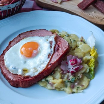 Paulaner's  Miraculum - Bavarian style 'meatloaf' from the grill with fried egg and potato salad - German Near Me - Hamburg, HH