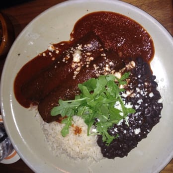 Meso Maya Comida y Copas - Brisket enchiladas, white rice & black beans. - Mexican Near Me - Dallas, Texas Meso Maya Comida y Copas - Brisket enchiladas, white rice & black beans. - Mexican Near Me - Dallas, Texas