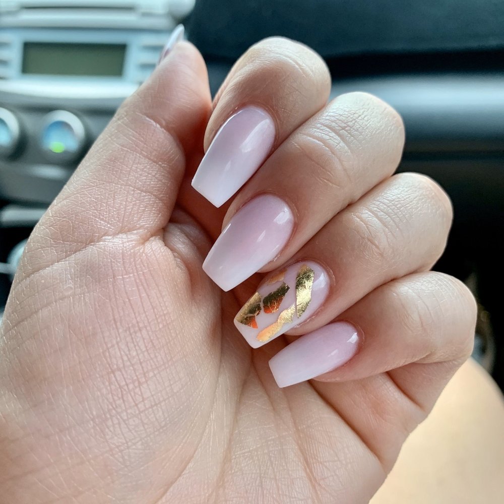Sandy Nails - Tina always slays!!! This is pink & white powder ombré with medium, coffin shape. Gold flakes on the ring finger. - Nail Salons Near Me - Lawrenceville, Georgia Sandy Nails - Tina always slays!!! This is pink & white powder ombré with medium, coffin shape. Gold flakes on the ring finger. - Nail Salons Near Me - Lawrenceville, Georgia