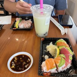 Kam's Bubble Tea & Sushi - Rainbow Roll w/ Soy paper, California Rolls w/ Soy paper, & Honeydew Smoothie w/ Boba