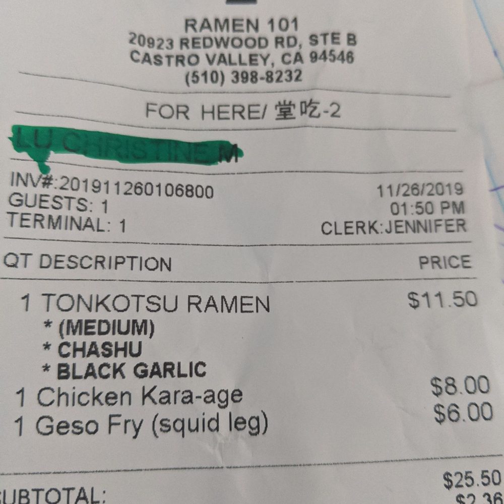 Ramen 101 - My receipt - Ramen Near Me - Castro Valley, California Ramen 101 - My receipt - Ramen Near Me - Castro Valley, California