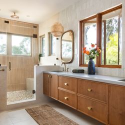 Blythe Interiors - Modern, organic primary bathroom remodel.