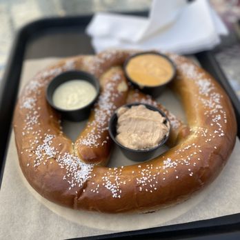 Acres Away Winery - Giant pretzel with beer cheese, honey mustard and cinnamon butter sauces - Wineries Near Me - Ashley, Indiana