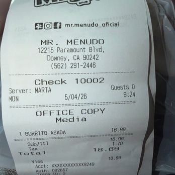 Mr. Menudo - Receipt - Mexican Near Me - Downey, California