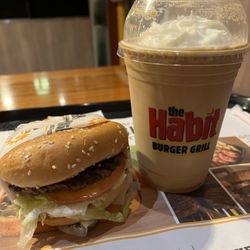 Char burger and coffee milkshake