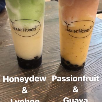 Tea Be Honest - Honeydew/Lychee Smoothie (left) and Passionfruit/Guava Smoothie (right) - Coffee & Tea Near Me - Palm Desert, California Tea Be Honest - Honeydew/Lychee Smoothie (left) and Passionfruit/Guava Smoothie (right) - Coffee & Tea Near Me - Palm Desert, California