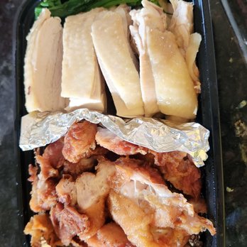 Red Chicken Thai - Half&half rice set: fried/steamed chicken. Came w/sweet&savory chili sauces, hainan rice, ginger paste, and chicken soup. - Thai Near Me - San Gabriel, California