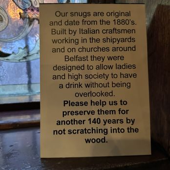 The Crown Liquor Saloon - Placard in the snug. - Pubs Near Me - Belfast, BFS