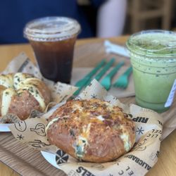 Iced Americano, Matcha Cream Latte, Bacon Scallion Calic, Signature Calic (Garlic)