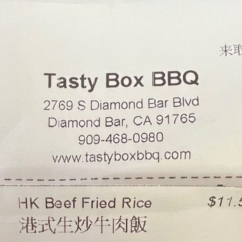 Tasty Box - Receipt from the restaurant - Cantonese Near Me - Diamond Bar, California