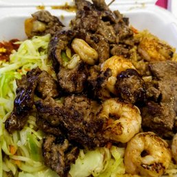 Teriyaki beef and shrimp with veggies