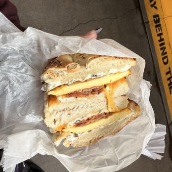 Zaro's Family Bakery - Bacon, egg, and cheese with jalapeno cream cheese on an everything bagel - Bakeries Near Me - Newark, New Jersey Zaro's Family Bakery - Bacon, egg, and cheese with jalapeno cream cheese on an everything bagel - Bakeries Near Me - Newark, New Jersey