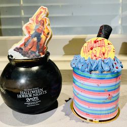 Slayer cake jar (chocolate cake) and Chucky trifle cake (vanilla cake with apple filling)