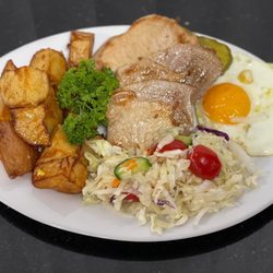 Happy Chef - Pork with Potatoes a fresh salad and a side of egg