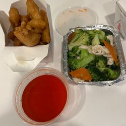 China City - Small portion of sweet-and-sour chicken and chicken and broccoli, and a white sauce. Yumm!