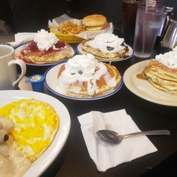 Biscuits and gravy with a selection of pancakes