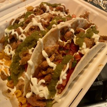 Bebop Korean Mexican Grill Catonsville - Mexican chicken tacos with yellow rice, Mexican street corn, pico, bebop green + white sauce. SUPER PACKED, fork recommended! - Halal Near Me - Catonsville, Maryland