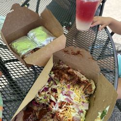 Cousin Kenny’s BBQ - Big Burrito (with Brisket), Sampler Plate, and Sparkling Raspberry Refresher
