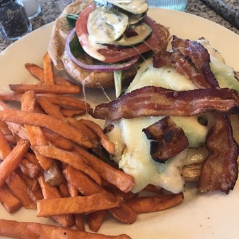 bellagreen - Grilled chicken sandwich with a side of sweet potato fries - New American Near Me - Houston, Texas