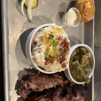 SmokeWorks - Brisket Tray with loaded mashed potatoes and green beans!! - Barbeque Near Me - Bloomington, Indiana