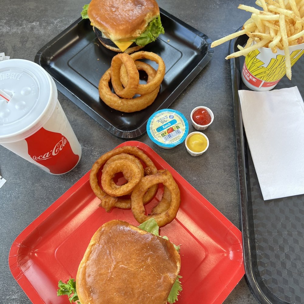 66 To Go - Yummy Veggie cheese burgers on a brioche bun w crispy tempura batter onion rings and crispy shoestring fries. IBC root beer is the best! - Burgers Near Me - Elk City, Oklahoma
