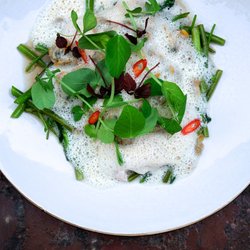 Restaurant LêLê - Mullet served with water spinach & coconut sauce with clams, lemongrass & Vietnamese mint