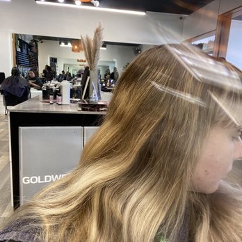 The Salon - Before. Very splotchy, warm blonde/orangey - Hair Salons Near Me - Cypress, California