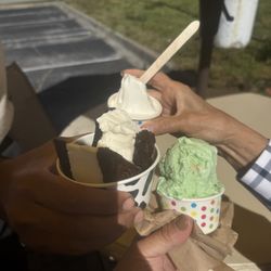 Beachside Creamery - Brownie ice cream sandwich (cut in half to fit in the cup), pistachio ice cream (baby size) and vanilla soft serve (baby size).