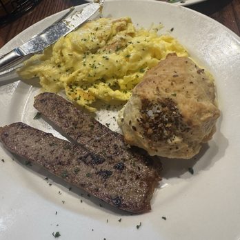 Miss Shirley's Cafe, Inner Harbor - Scrambled eggs with cheese, Cranberry Maple Turkey Sausage and Everything but the Bagel Cream Cheese Biscuits - Breakfast & Brunch Near Me - Baltimore, Maryland