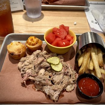 Jim 'N Nick's Bar-B-Q - Carolina-style pulled pork with fries, cheese biscuits, and watermelon - Barbeque Near Me - Madison, Alabama