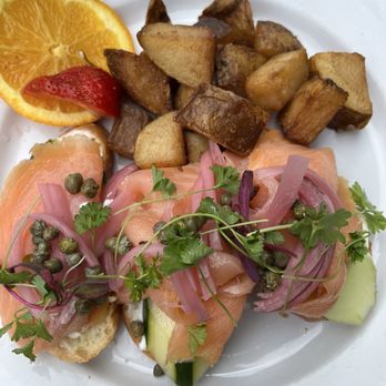 Cafe Jolie Petit - Salmon Lox Sandwich (open face) with fried potatoes - Coffee & Tea Near Me - Alameda, California