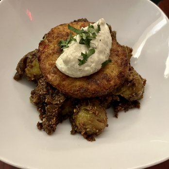 Delice & Sarrasin - Vegan Crab Cake with Brussels Sprouts - French Near Me - New York, New York Delice & Sarrasin - Vegan Crab Cake with Brussels Sprouts - French Near Me - New York, New York