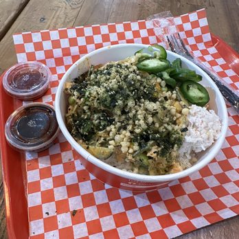 Uroko Poke - 3 scoop bowl with salmon, spicy salmon and shrimp for protein. 6 diff sides and the urako spicy original - Poke Near Me - Cypress, California Uroko Poke - 3 scoop bowl with salmon, spicy salmon and shrimp for protein. 6 diff sides and the urako spicy original - Poke Near Me - Cypress, California