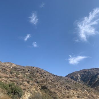 Lopez Canyon Park - A hawk faintly visible in the center of this photo of the foothills along the trail. - Hiking Near Me - Sylmar, California