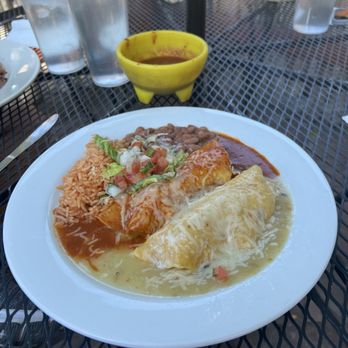 La Cueva Cafe - My shrimp enchiladas, "Christmas" with green and red chile sauces - Mexican Near Me - Taos, New Mexico