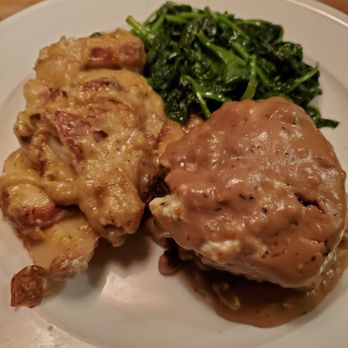 Stubrik's Steakhouse - the Black and Blue sirloin w/ au gratin potatoes and spinach - Steakhouses Near Me - Fullerton, California