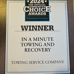 In A Minute Towing & Recovery - We have been selected as Best of Best in Cleveland County for 4 years! Give us a call so you can see why.