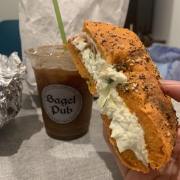Iced Banana Latte + Egg Everything bagel with Cucumber Dill Cream Cheese Iced Banana Latte + Egg Everything bagel with Cucumber Dill Cream Cheese