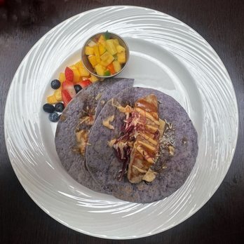 SixtyTwo MarcKet - Fish tacos on ube tortillas, with seasonal fresh salsa (mango in this pic) - New American Near Me - Wailuku, Hawaii