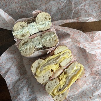 Pearl’s Bagels - Chicken sausage egg and cheese on an onion bagel and an everything bagel with scallion chive cream cheese - Bagels Near Me - Washington, DC, District of Columbia Pearl’s Bagels - Chicken sausage egg and cheese on an onion bagel and an everything bagel with scallion chive cream cheese - Bagels Near Me - Washington, DC, District of Columbia