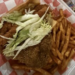 That's a catfish and shrimp poboy - the fish fillet is bigger than the sandwich!