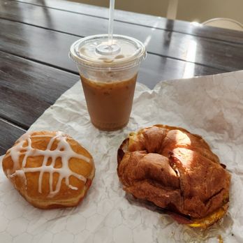 Island Donuts & Bagels - Iced coffee, raspberry donut, bacon/egg/cheese croissant - Donuts Near Me - St. Augustine, Florida